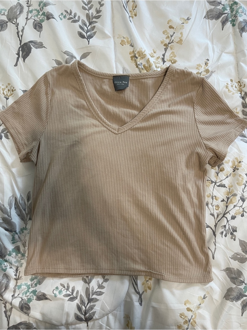 Olivia Rae Ribbed V-Neck Short Sleeve Top in Taupe